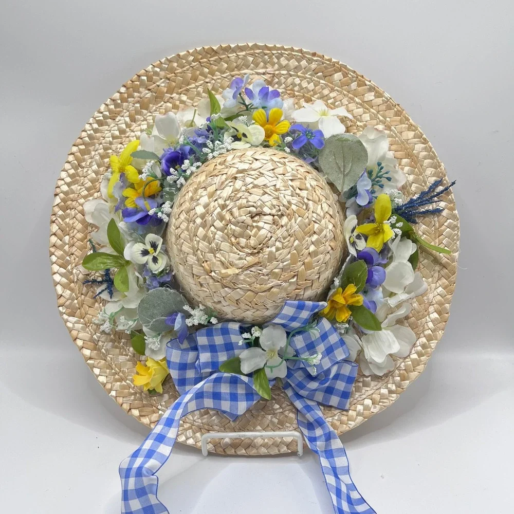 Set of 3 Seasonal Straw Hat Wreaths Floral Wall Decor Hanging Front Door Decor